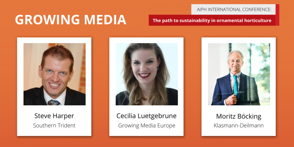 AIPH Sustainability Conference 'Growing Media' panellists Steve Harper, Cecilia Luetgebrune, and Moritz Böcking