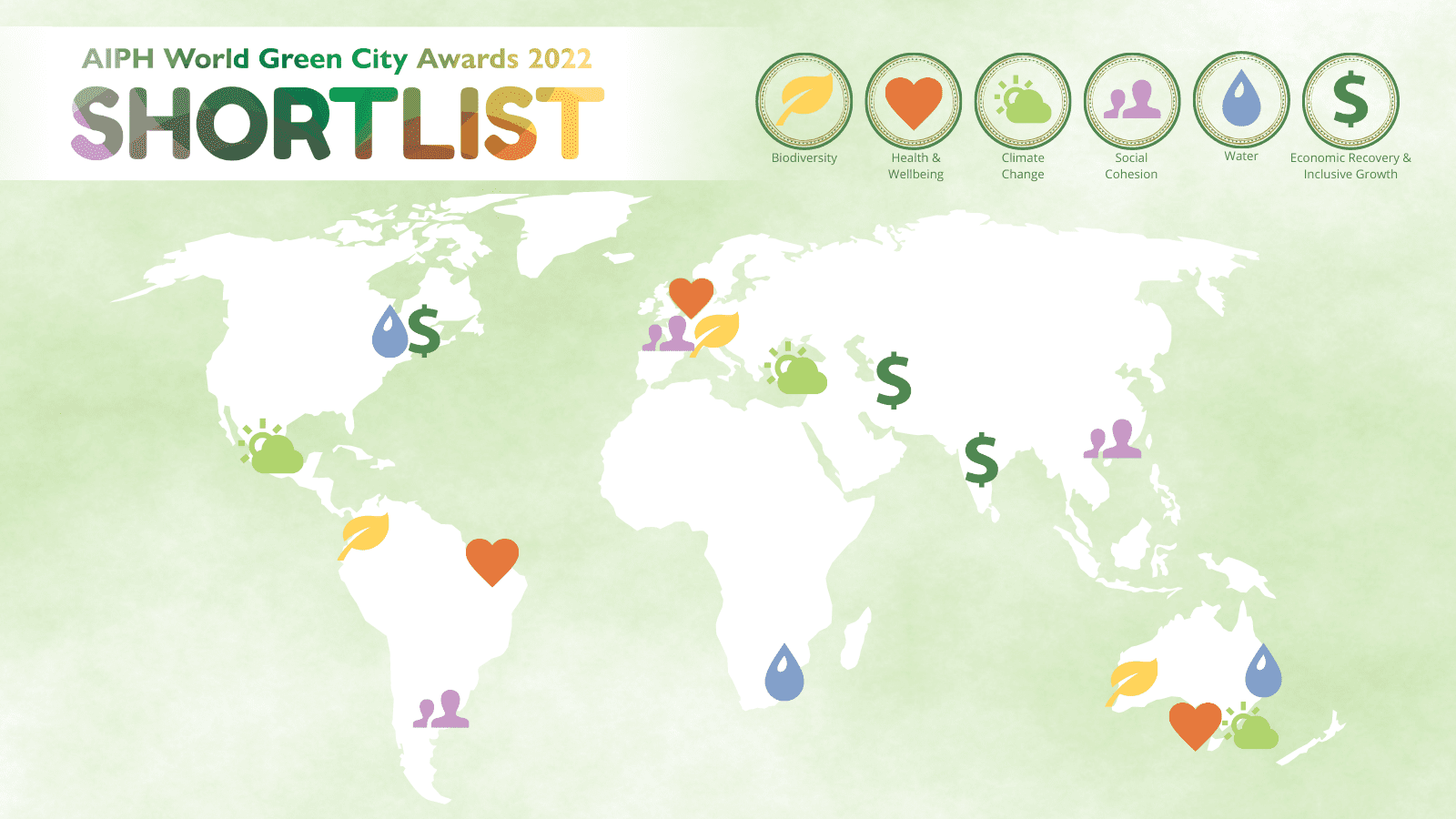 A map of the shortlisted entries for the AIPH World Green City Awards 2022