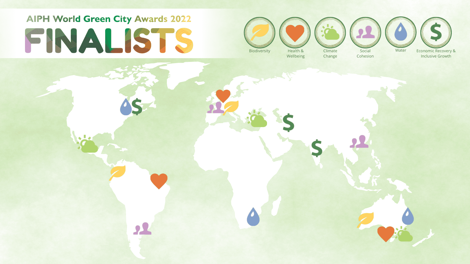 A map showing the location of the AIPH World Green City Awards 2022 finalists