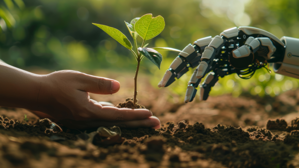 a human hand and a robot hand together plant a new seedling in the ground