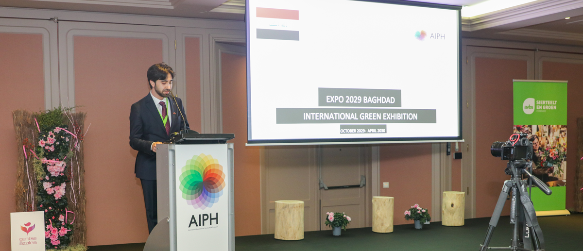 Mr Muhammed Ali Macitoğlu, CEO of Expo 2029 Baghdad, speaking at the AIPH Congress presentation of the Expo 2029 Baghdad International Green Exhibition.