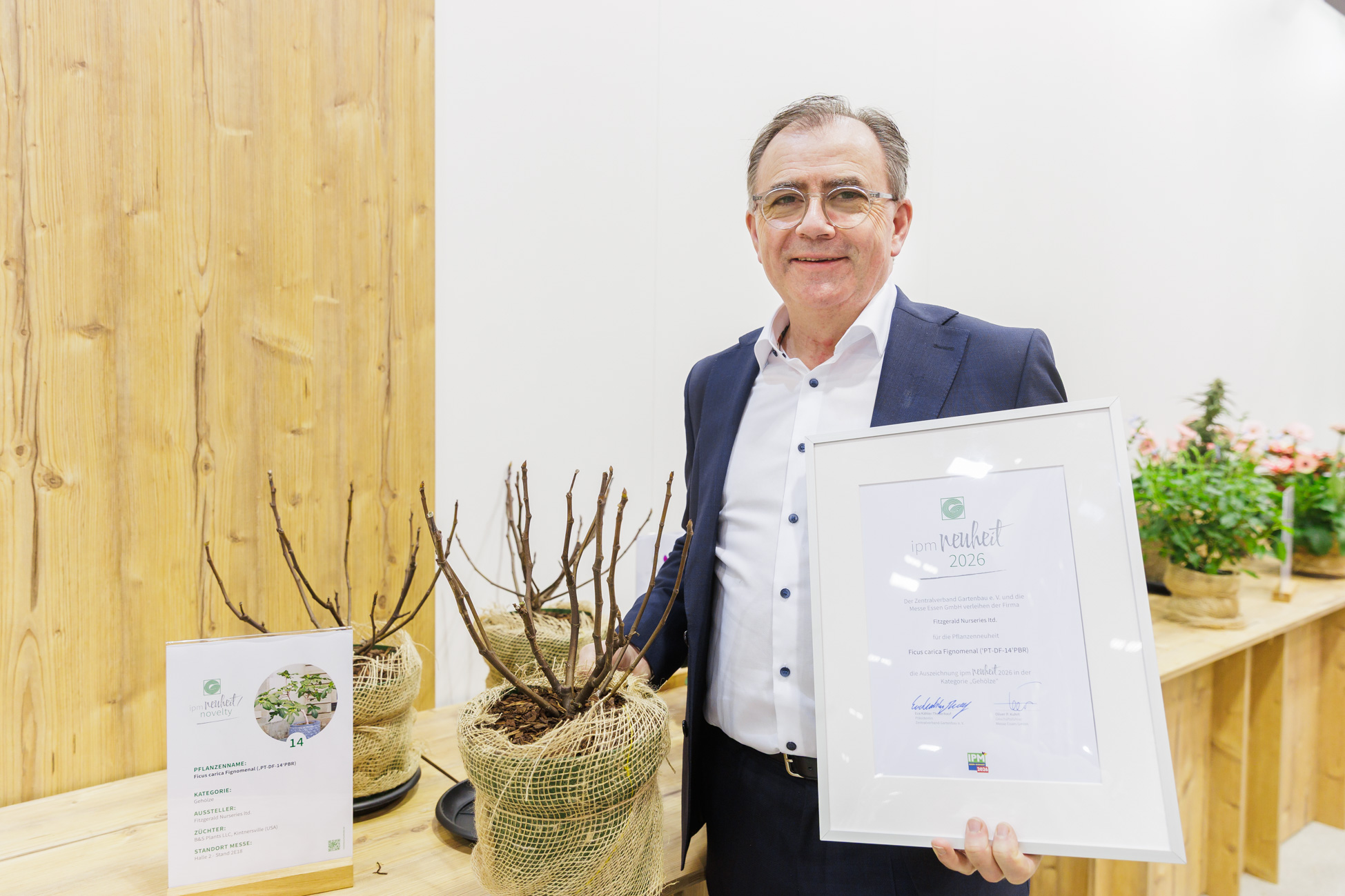 The winner in the "Woody Plants" category is Fitzgerald Nurseries Ltd. from Kilkenny, Ireland, pictured here with Pat Fitzgerald, for their new Ficus carica Fignomenal ('PT-DF-14' PBR). This compact fig variety grows unusually dwarf and low – ideal for urban gardens and limited spaces, both indoors and outdoors.