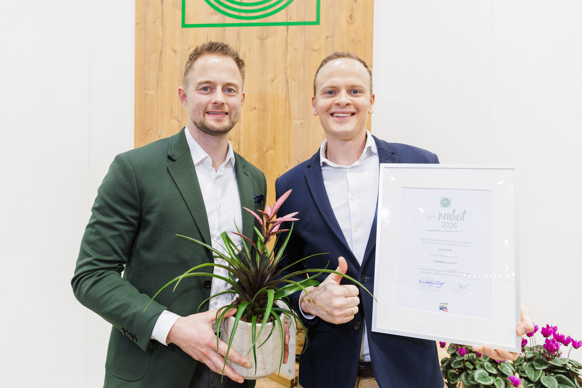 The winner in the "Flowering Houseplants" category is Anthura BV from Bleiswijk, Netherlands, pictured here with Erwin Koopstra and Johan van Vliet, with their new Tillandsia Camina®. This robust Tillandsia is characterized by its richly branched, pinkish-purple flowers and a beautiful contrast to its dark green foliage – appealing to both consumers and producers.