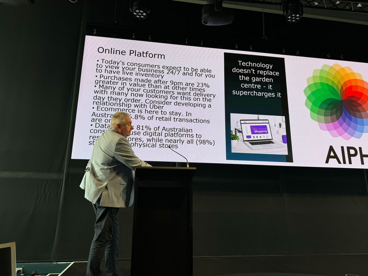 Mike Mehigan presenting on digital retail trends and online plant sales in Australia.