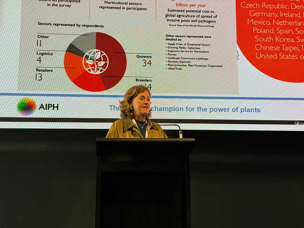 Audrey Timm presenting the AIPH Plant Health Framework at the AIPH Horticultural Industry Conference.