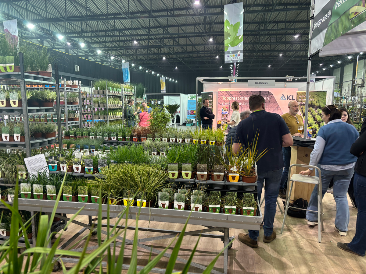 Visitors browse plant displays and speak with exhibitors on the show floor at Florall Spring 2026 in Waregem.