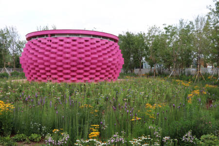 AIPH garden at Expo 2019 Beijing with naturalistic meadow planting and a pink pavilion.