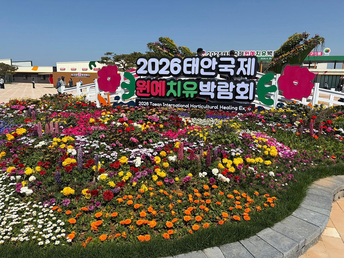 Entrance display with colourful flower beds and signage for the 2026 Taean International Horticultural-Healing Expo
