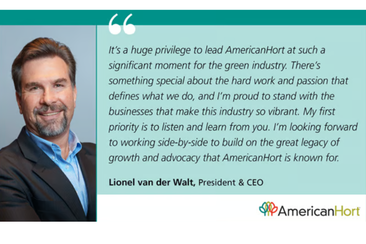 Lionel van der Walt pictured beside a quote about leading AmericanHort and supporting the green industry.
