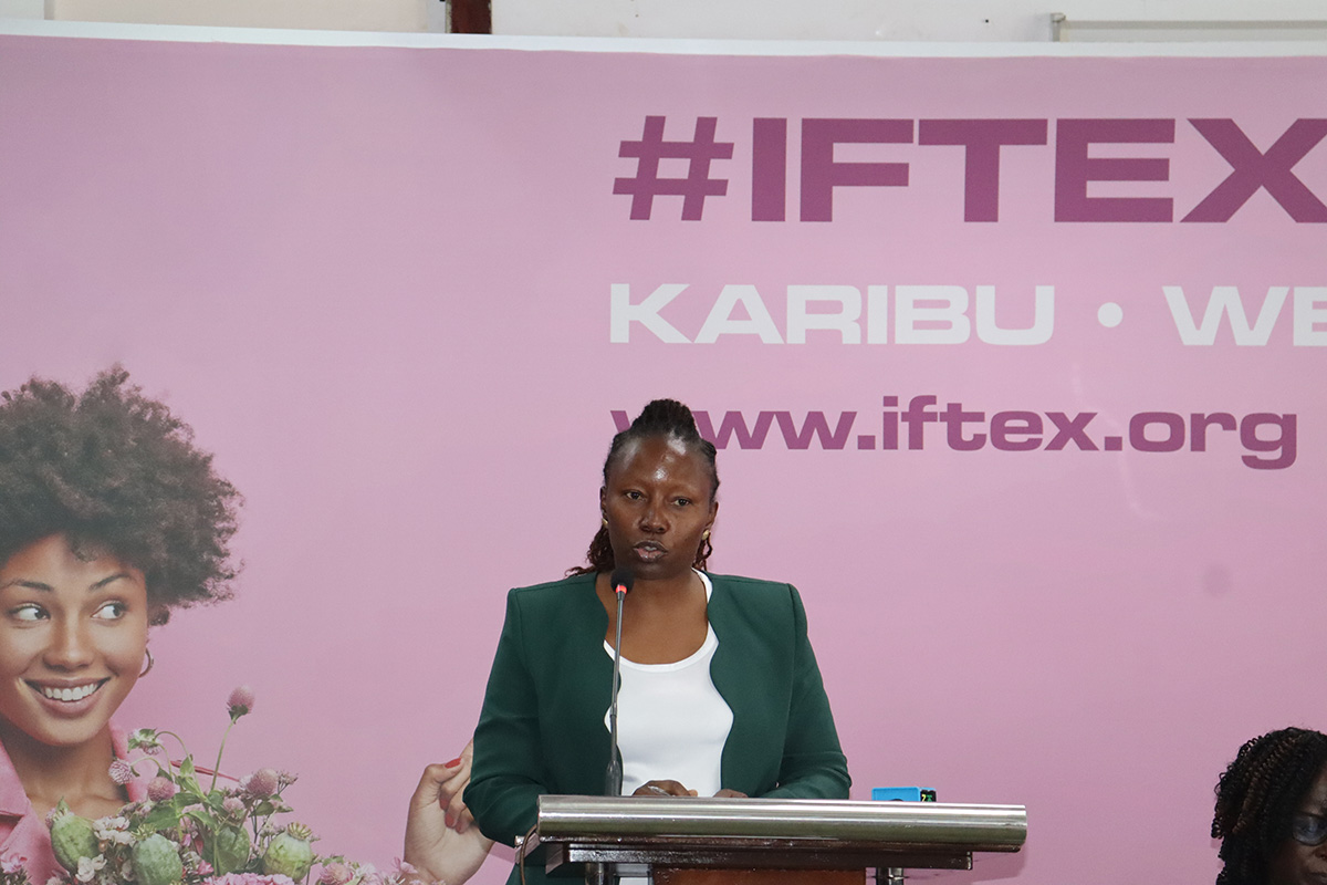 Lina Jamwa speaks at a podium during the pre-IFTEX 2026 media launch in Nairobi.