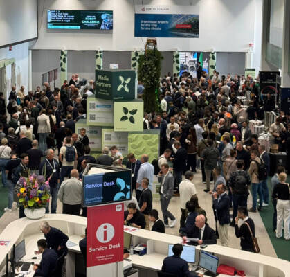 Crowds gather around the GreenTech media partners area at RAI Amsterdam.