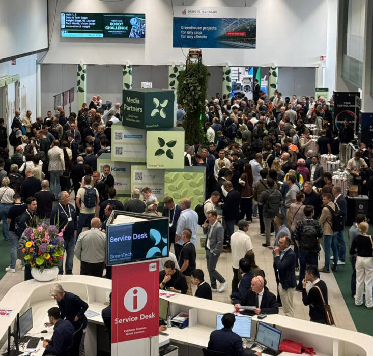 Crowds gather around the GreenTech media partners area at RAI Amsterdam.