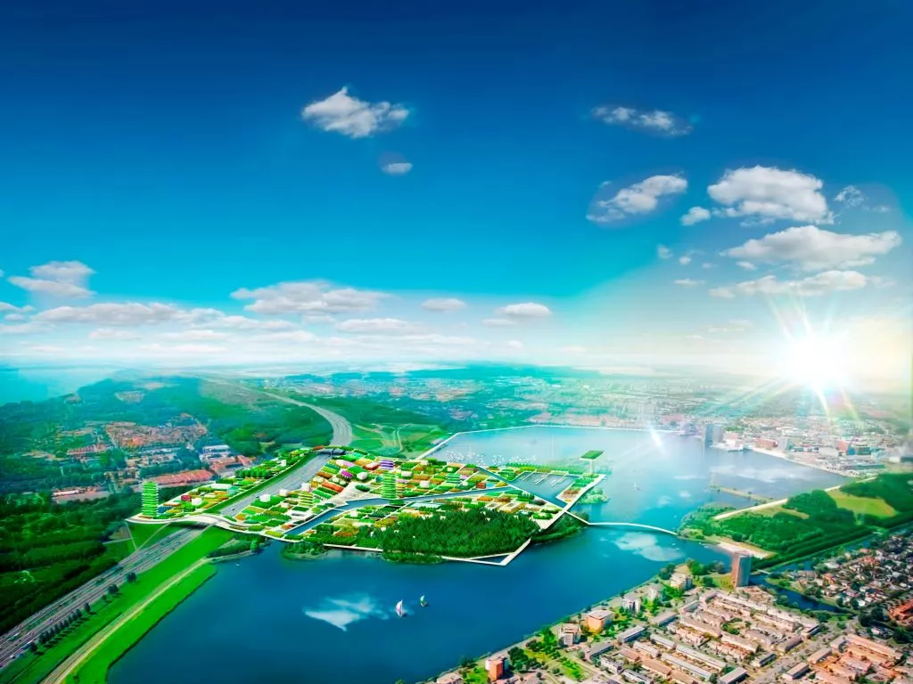 Landscape with properties and a lake with blue sky and some clouds