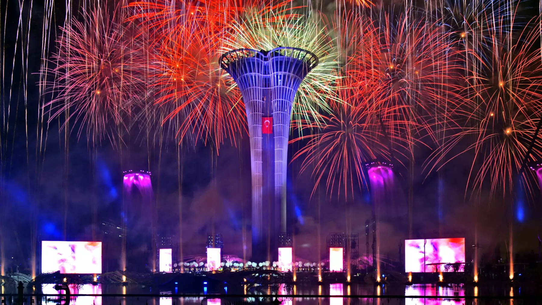 Expo Tower with fire works
