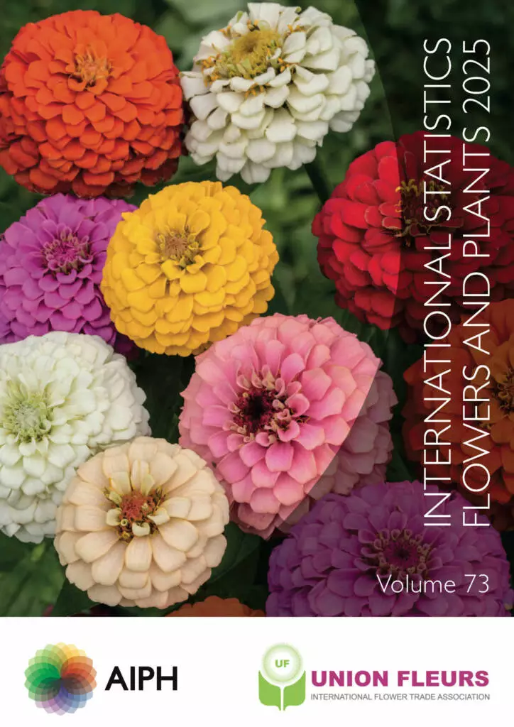 Colourful Zinnia elegans blooms featured on the front cover of the International Statistics Flowers and Plants 2025 Yearbook, Volume 73.