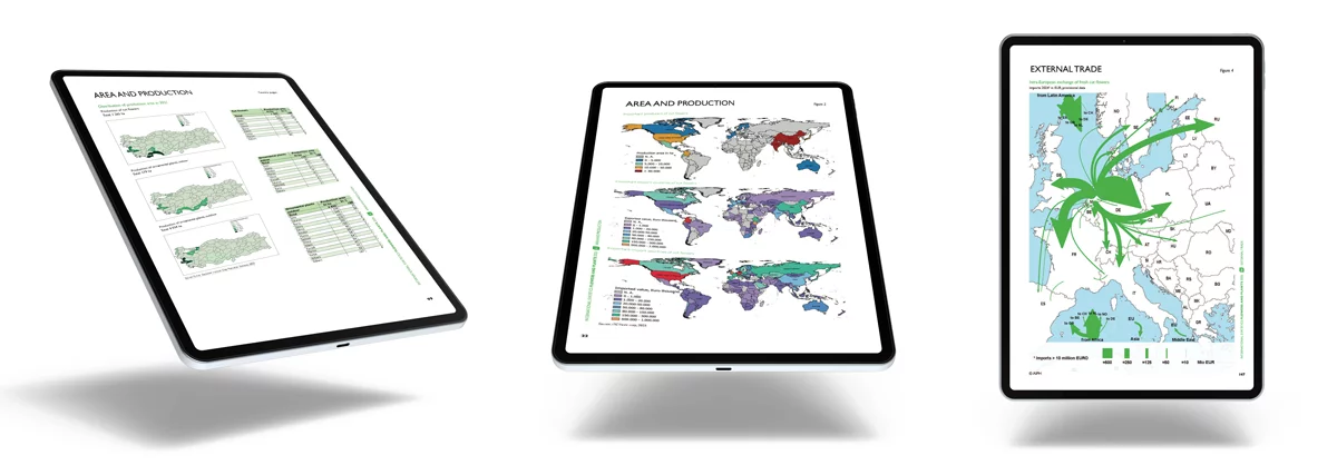Sample pages from the International Statistics Flowers and Plants 2025 Yearbook shown on tablets, including global production maps and external trade diagrams.