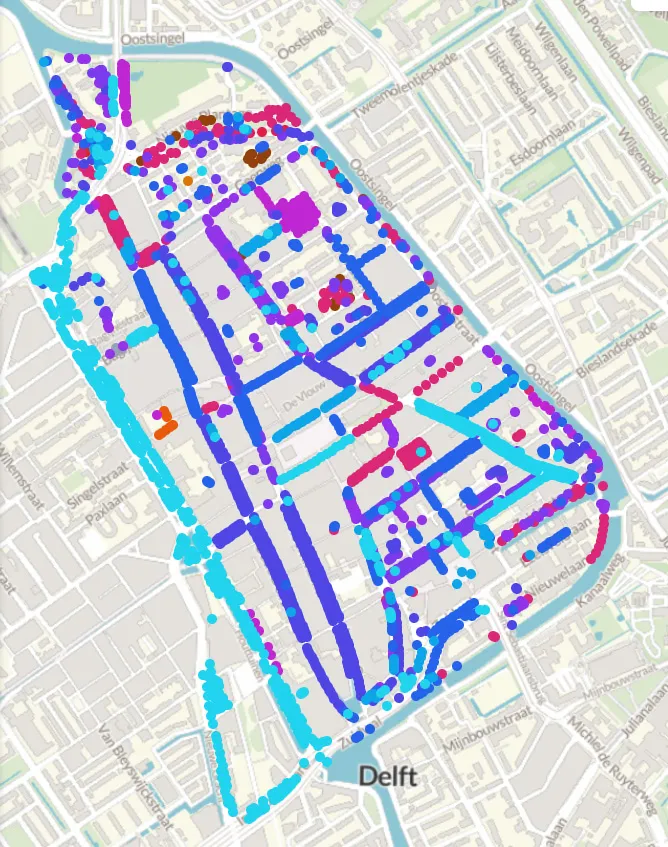 Map of Delft showing distribution and data points for urban tree analysis