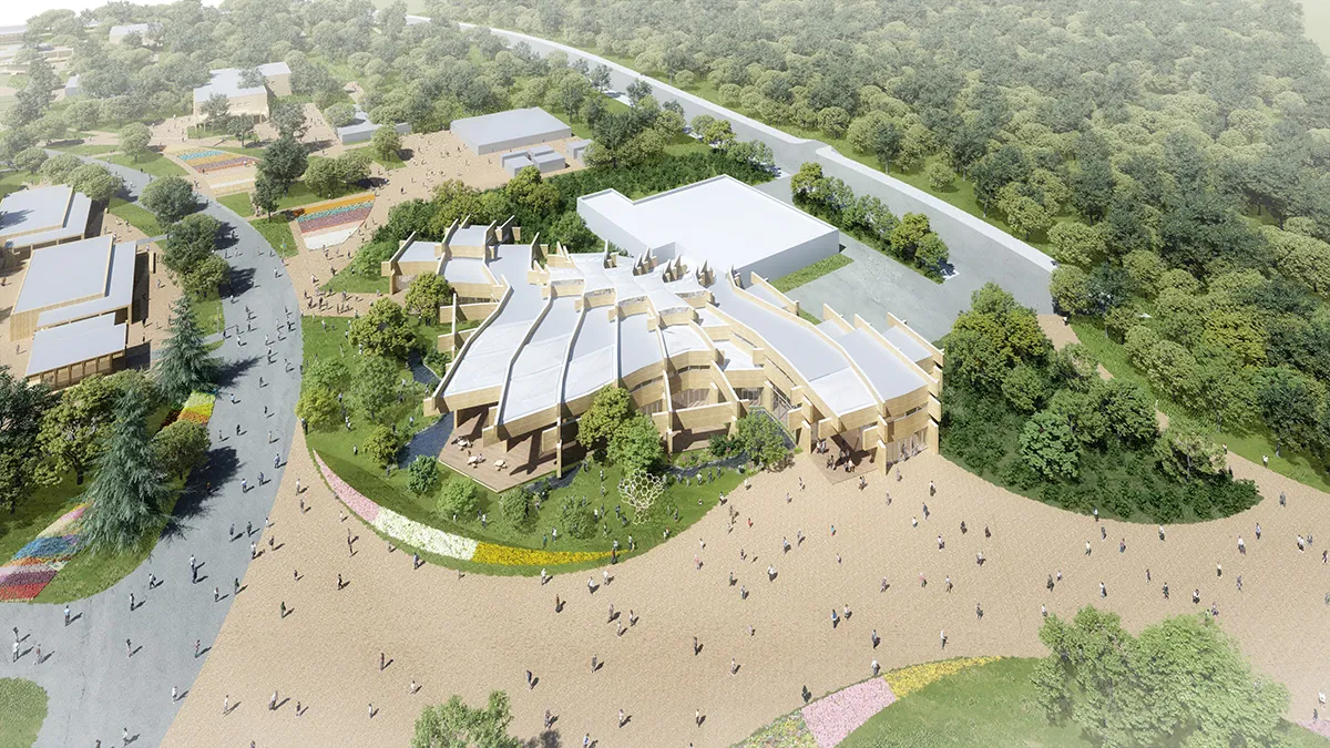 Architectural rendering of Themed Pavilion at GREEN×EXPO 2027 designed with natural materials