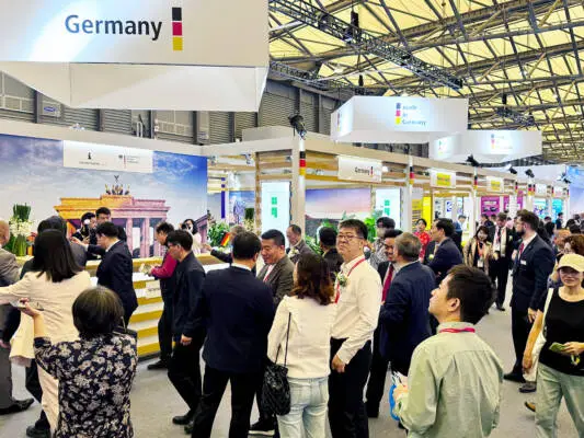 Visitors explore exhibition stands in the Germany pavilion at Hortiflorexpo IPM Shanghai 2025.