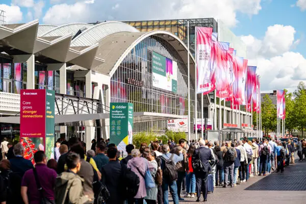 Visitors queue outside RAI Amsterdam for GreenTech 2026.